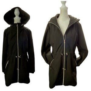 ELIZA J Women Hooded Full Zip Tie Waist Pockets Trench Coat Sz S Black Modern